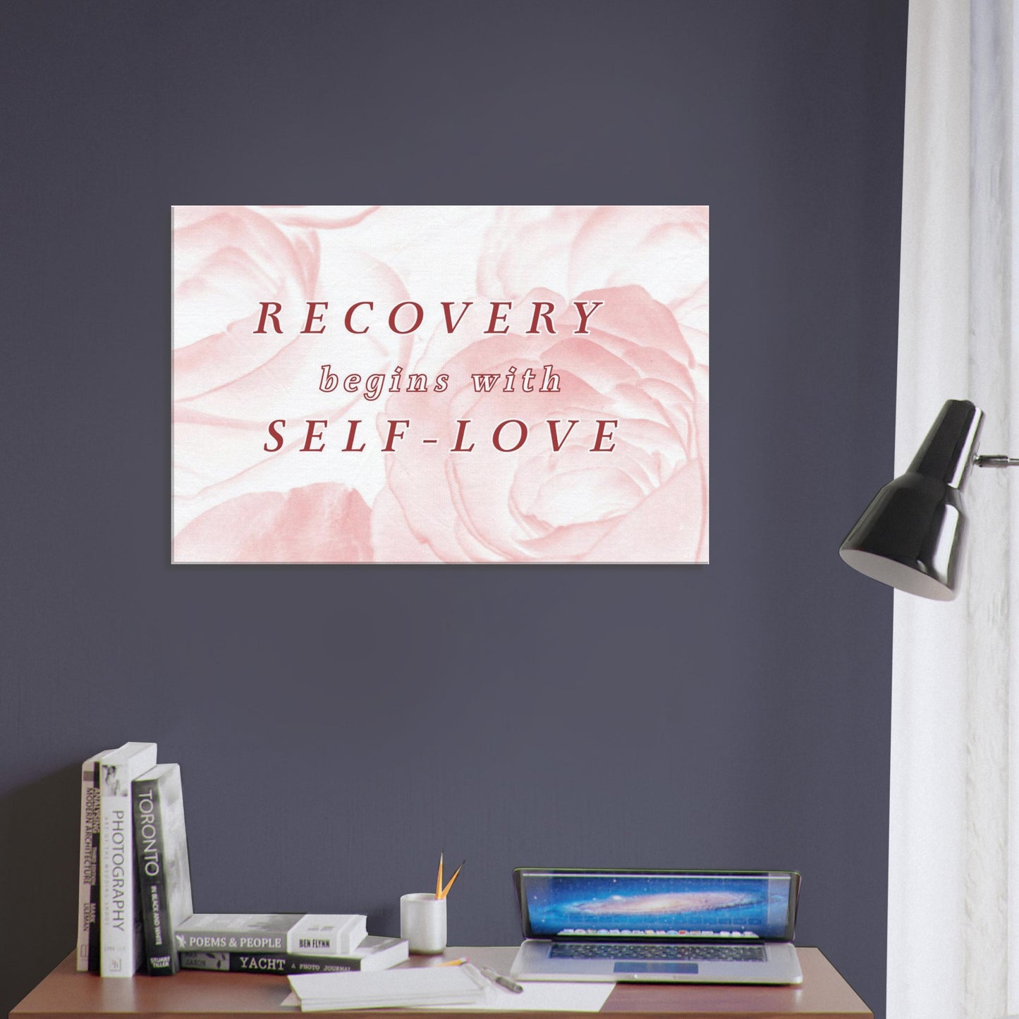 Empowering recovery affirmation print with calming roses and focus on self-compassion and healing
