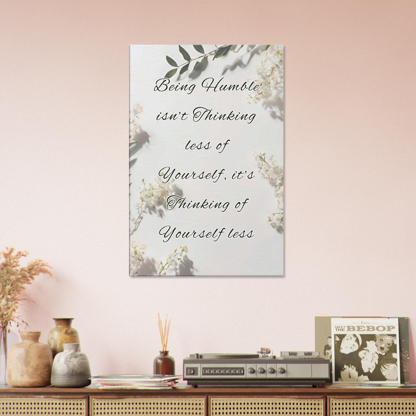 White-on-white spiritual decor with meaningful quote and minimal texture