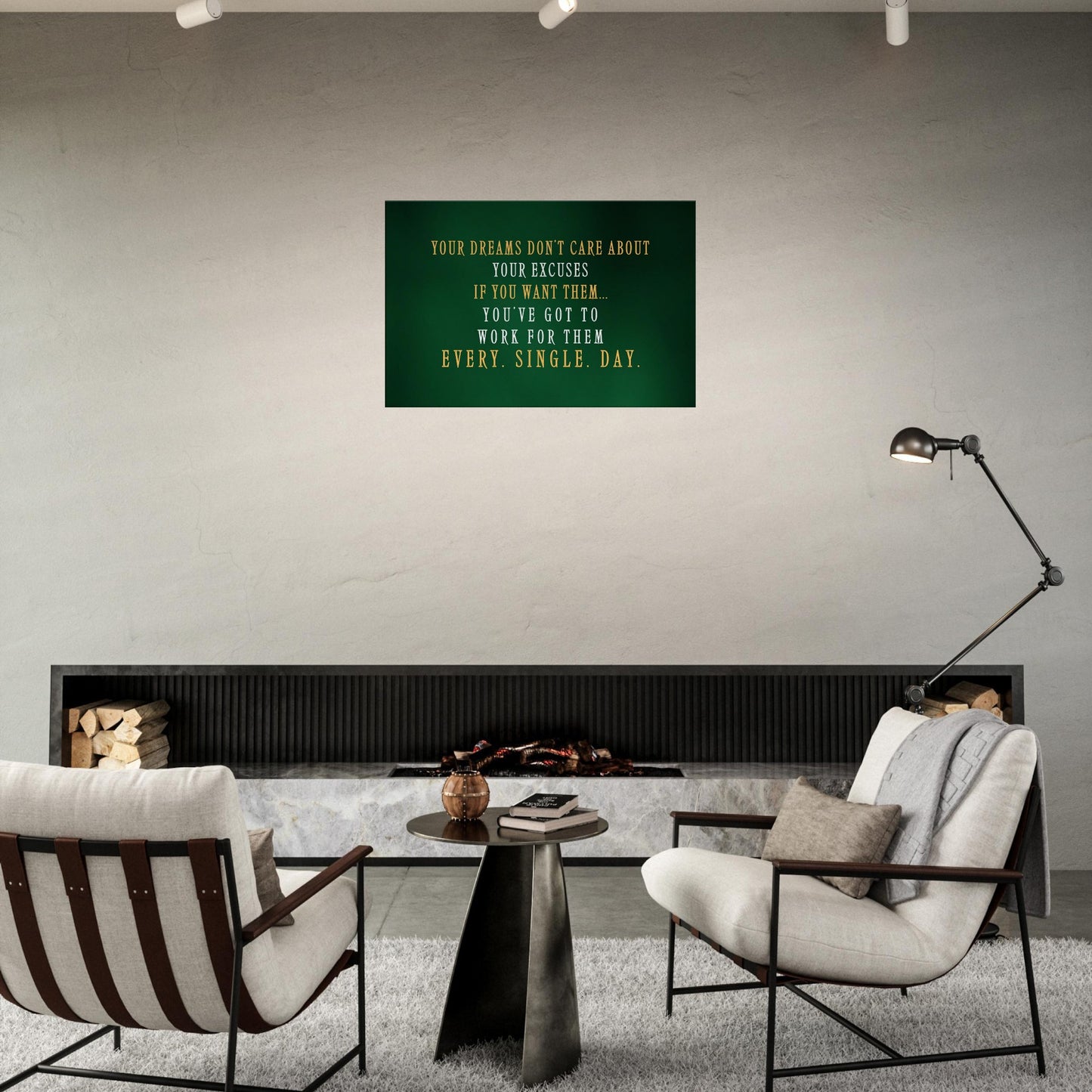Inspirational canvas print: work daily for your dreams. Green with warm orange and clean white text for contrast.