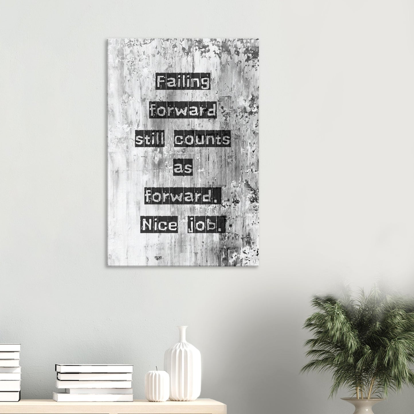 Abstract white canvas with inspirational recovery quote about perseverance and self-compassion.