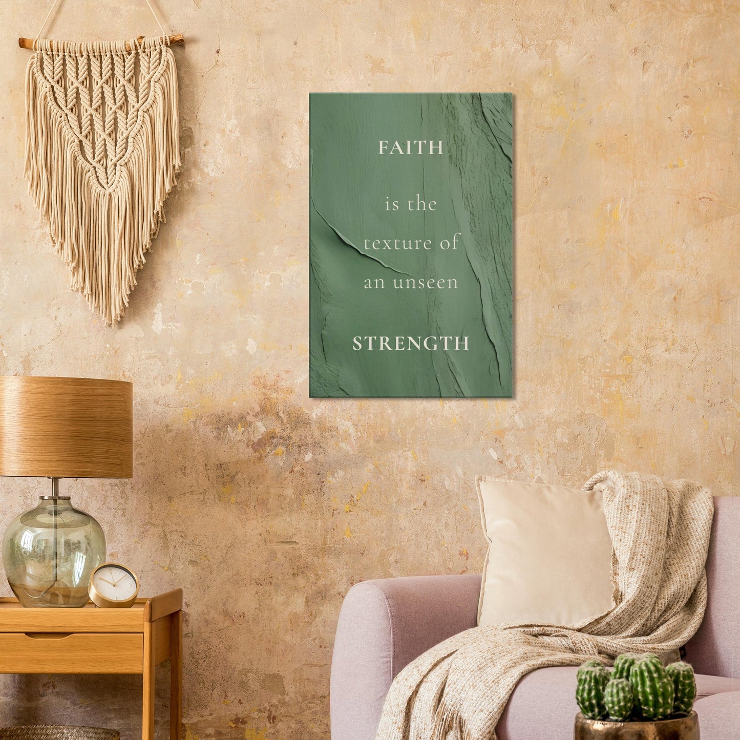Minimal wall art with white text on deep green and faith-centered message
