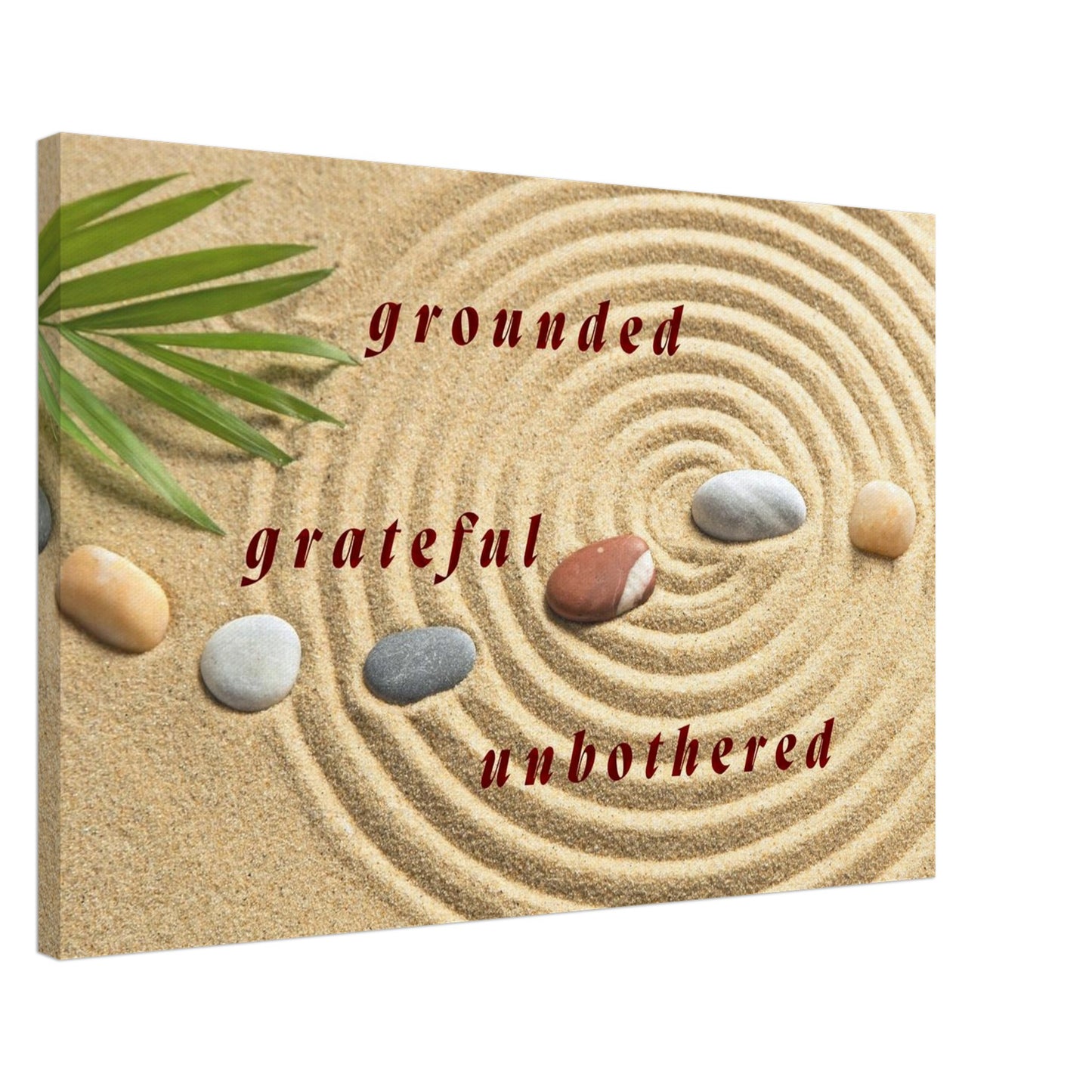 Tan sandy background with calm stone arrangement and spiritual quote