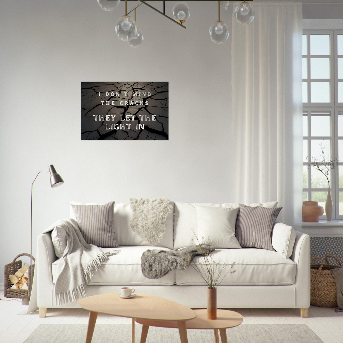 Black and gray wall art with spiritual quote and glowing crack design