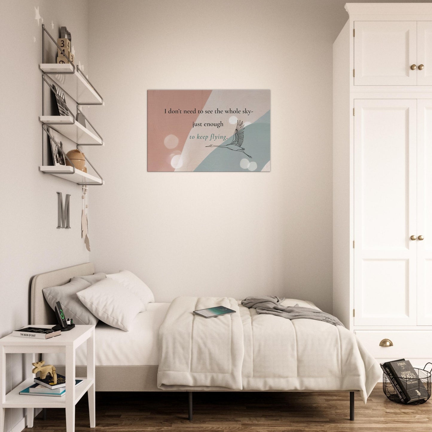 Close-up of canvas print reading “I don’t need to see the whole sky—just enough to keep flying”