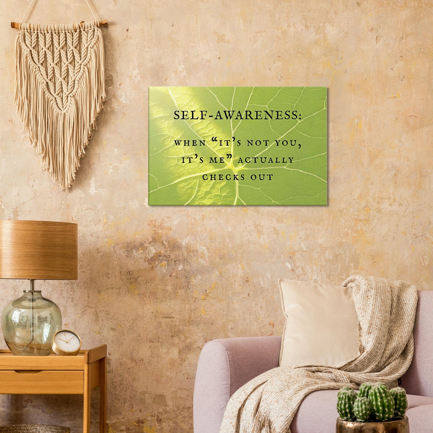 Soft green veins on background with quote 'SELF-AWARENESS: It's Not You, It's Me' Actually Checks Out.' Renewal fun decor.