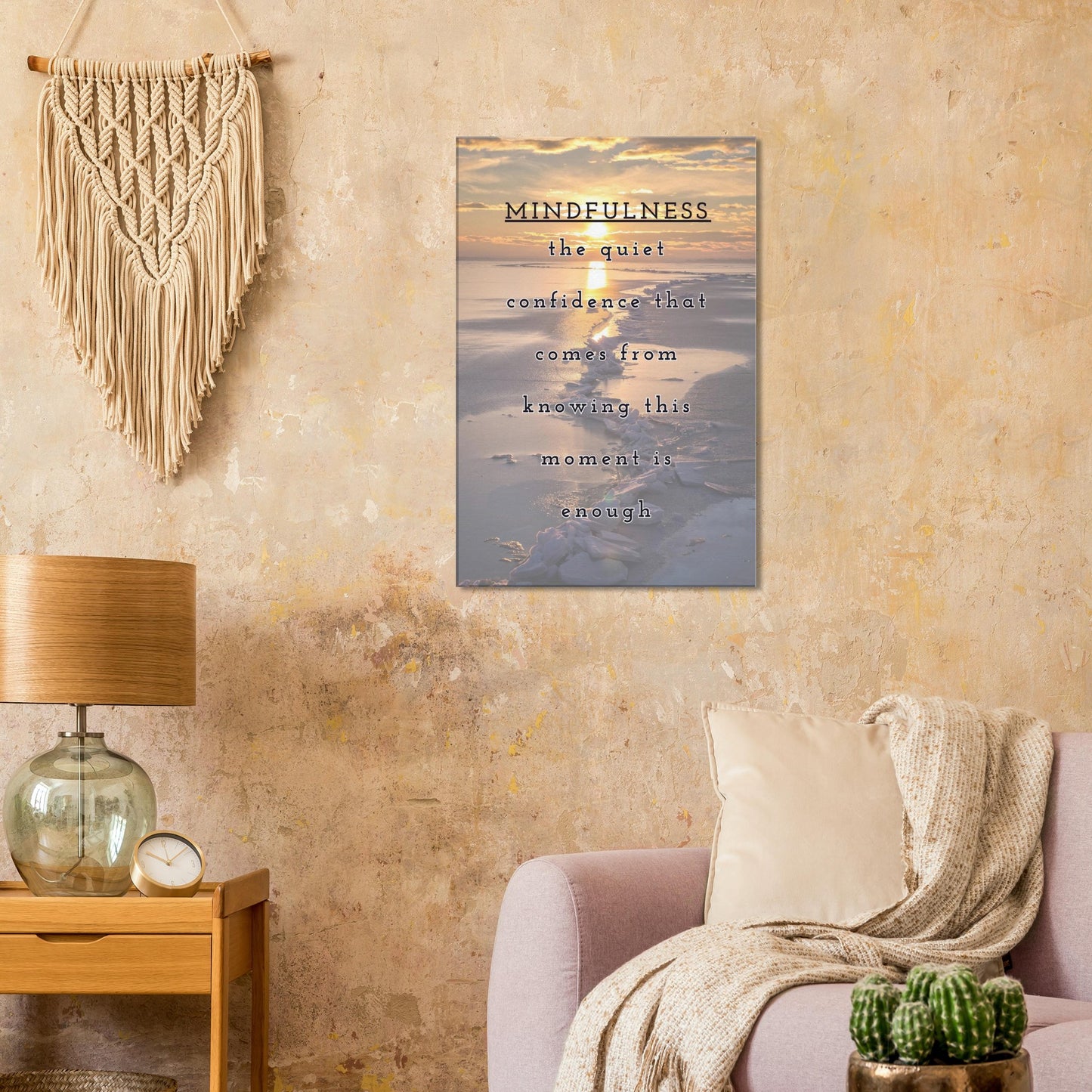 Sunset over a quiet beach with a quote of mindfulness in the moment. Designed to invoke thought and reflection of life.