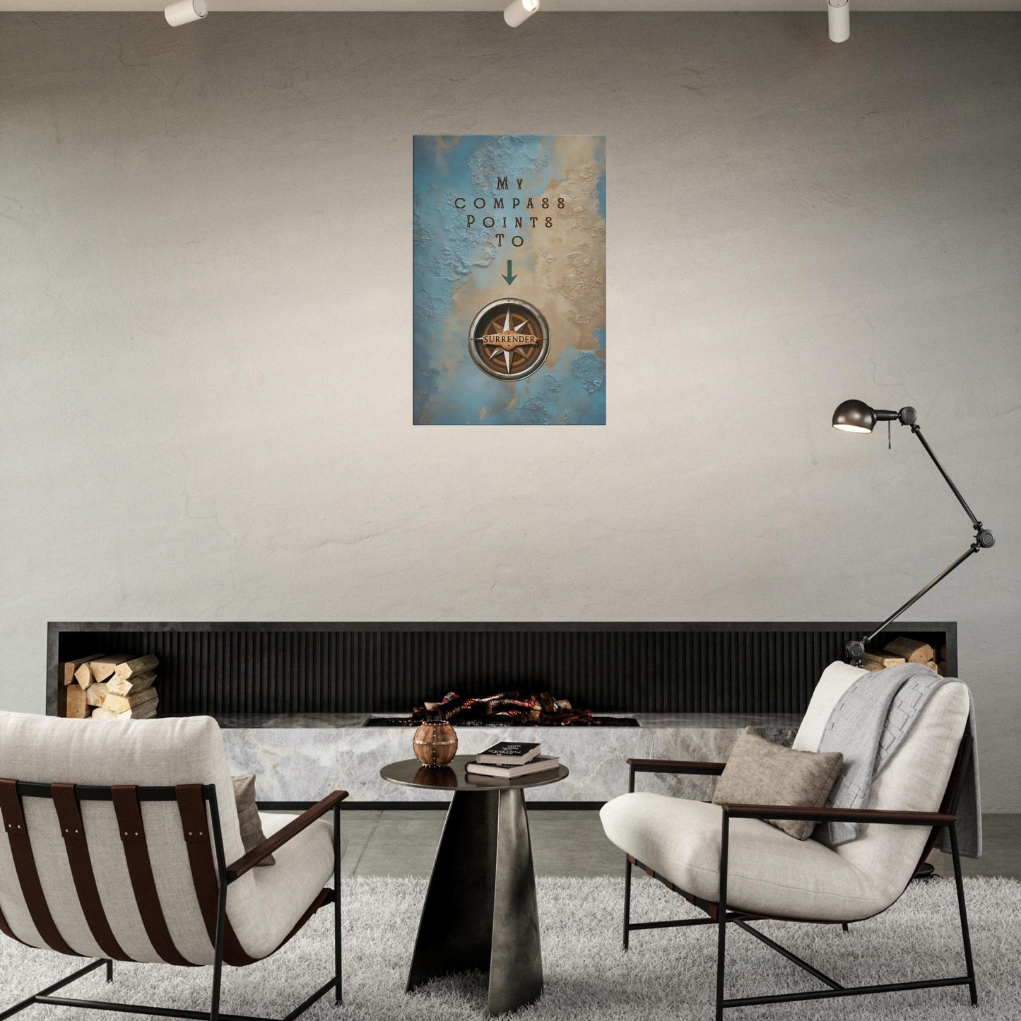 Faith-themed decor with compass imagery and surrender quote