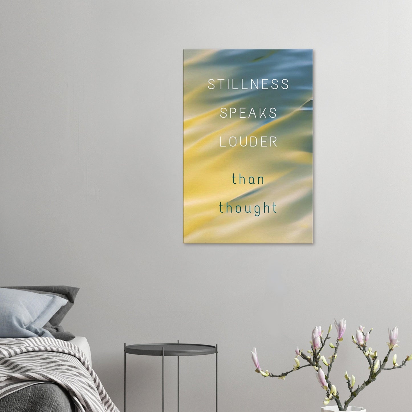 Abstract spiritual decor resembling satin folds with reflective quote