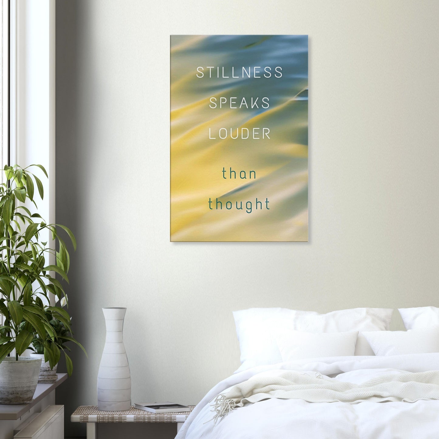 Calming wall art in tans, blues, and greens with peaceful message