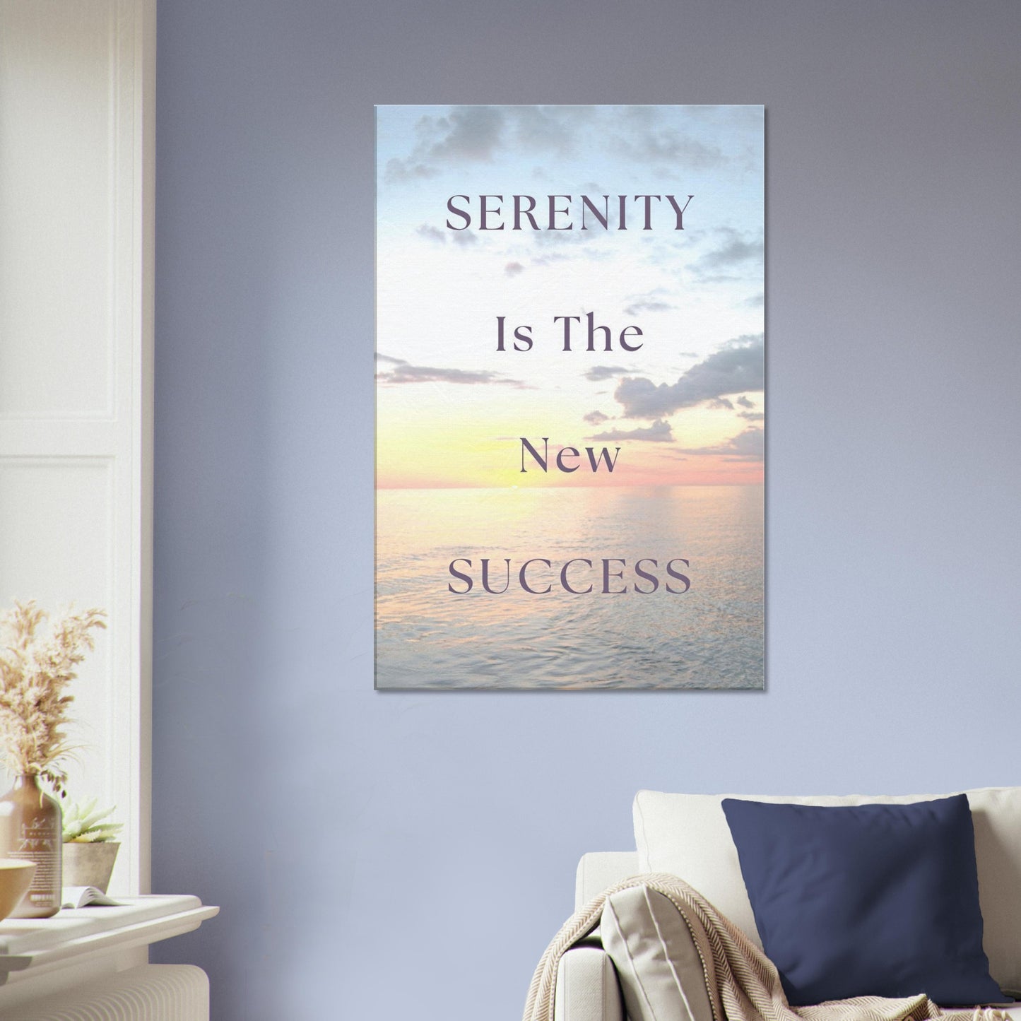 Canvas artwork promoting inner peace and success with serene beach imagery and strong typographic quote