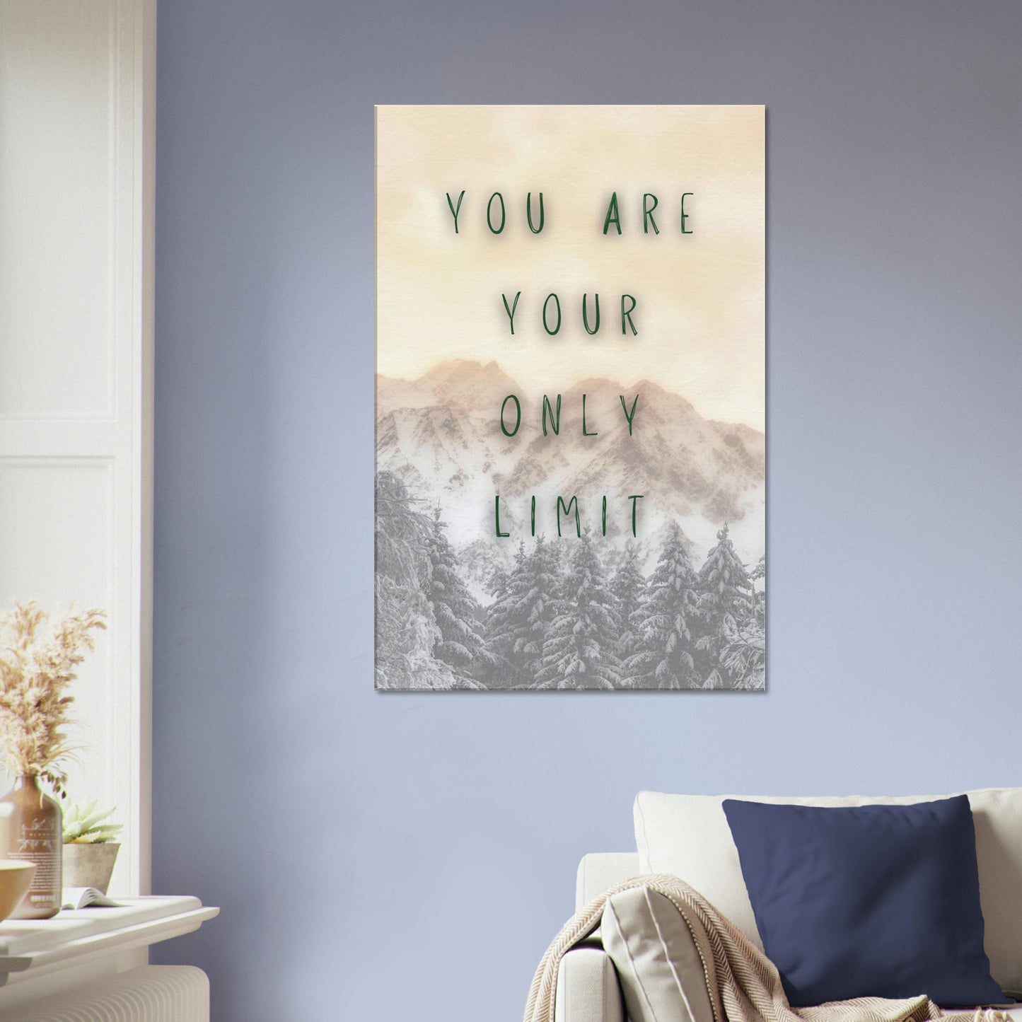 Motivational wall art: 'You Are Your Only Limit' quote on serene winter mountain background, great for any decor style.
