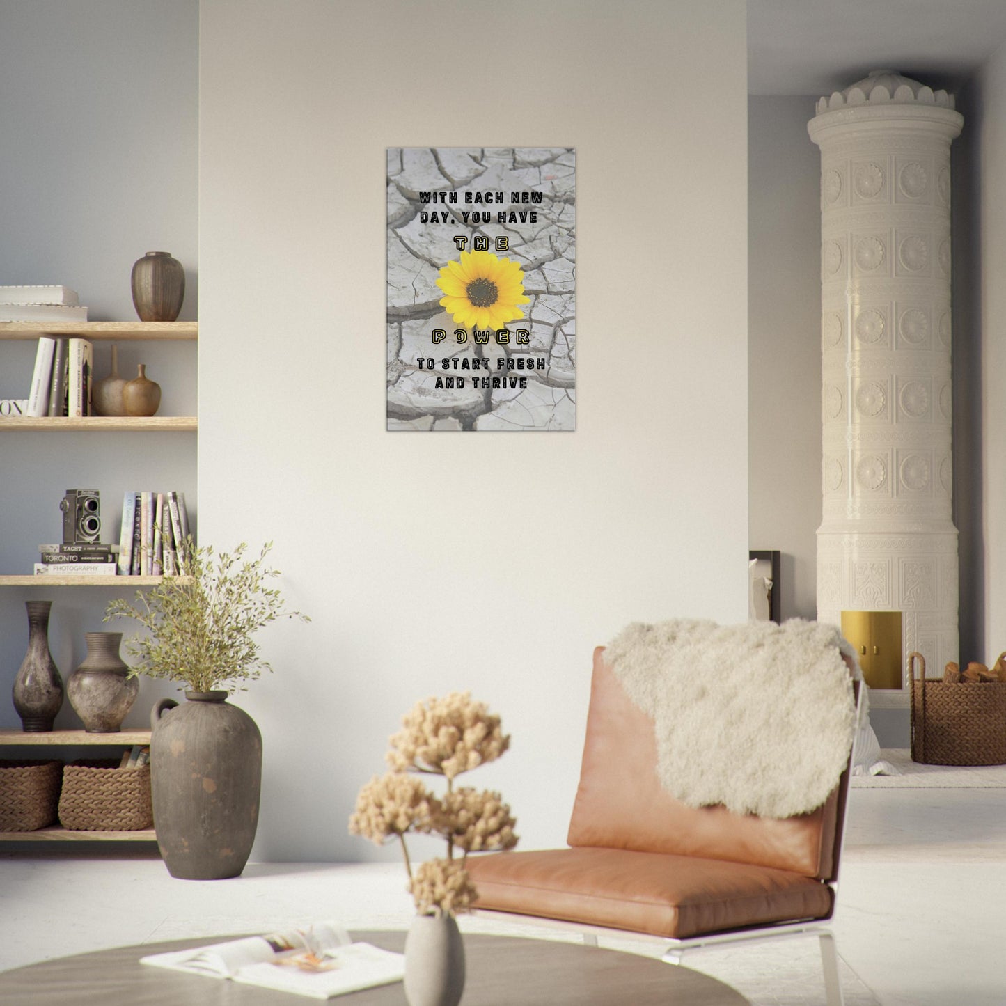 Cracked stone background with growing daisy and quote 'with each new day you have the power to start fresh and thrive.'