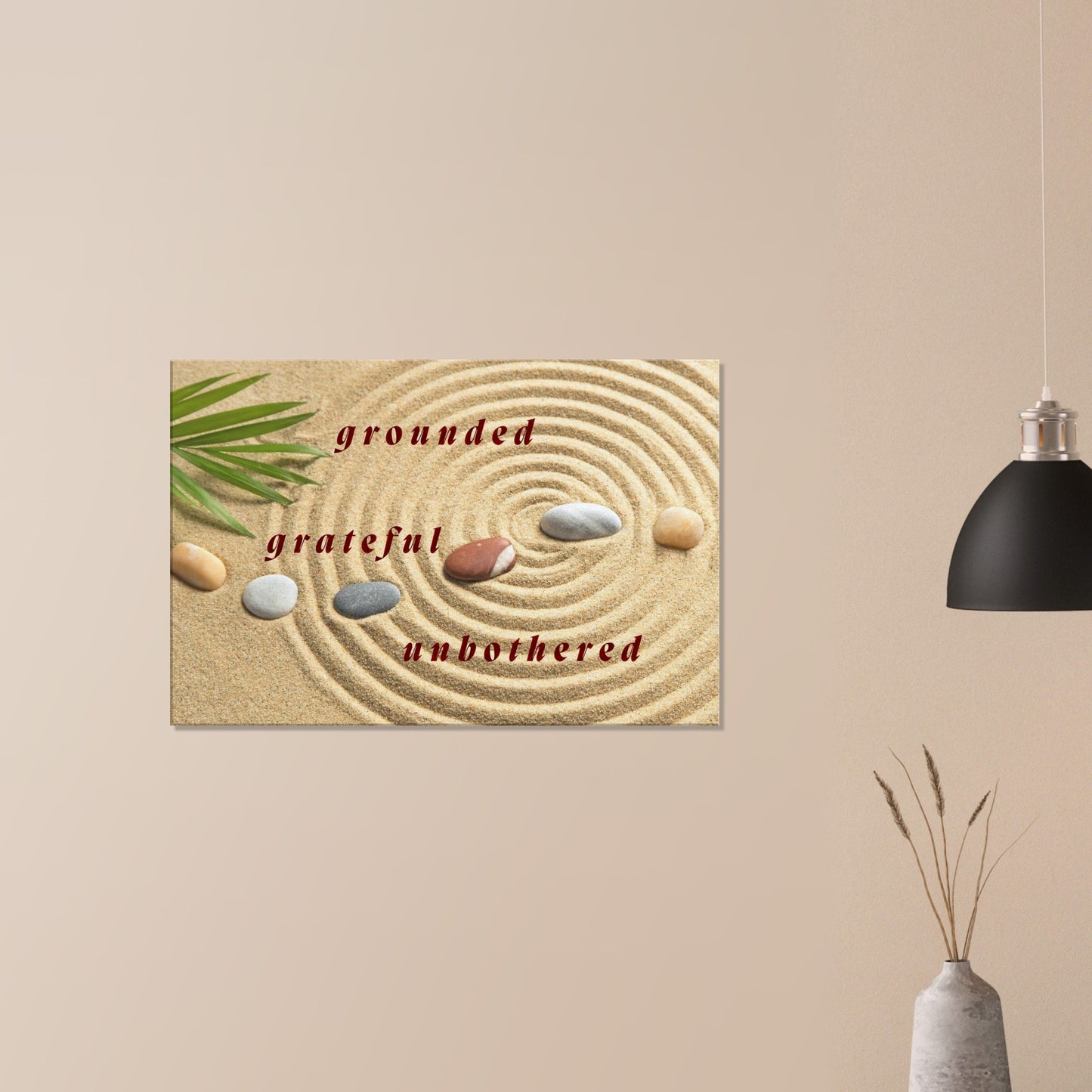 Minimalist wall art featuring spiral pattern in sand and peaceful affirmation
