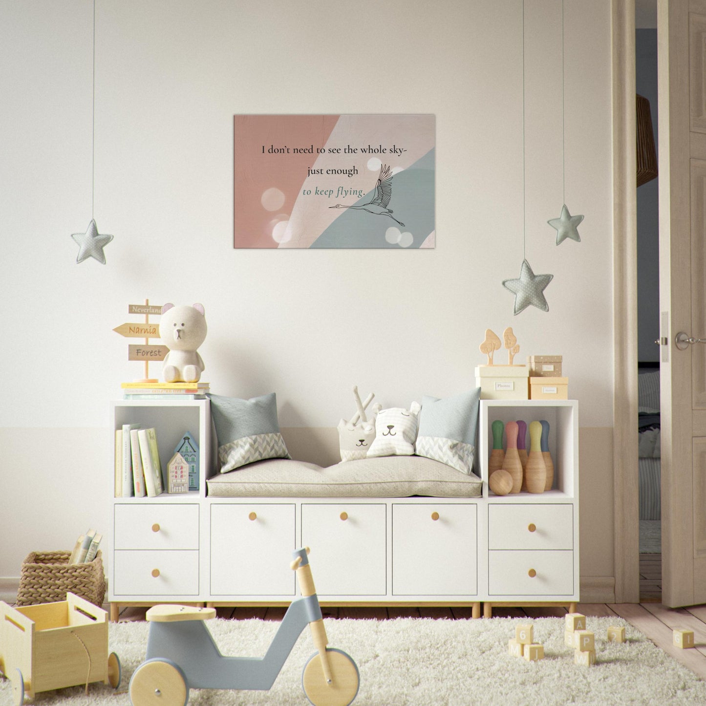 Serene modern artwork with symbolic bird and calming color palette