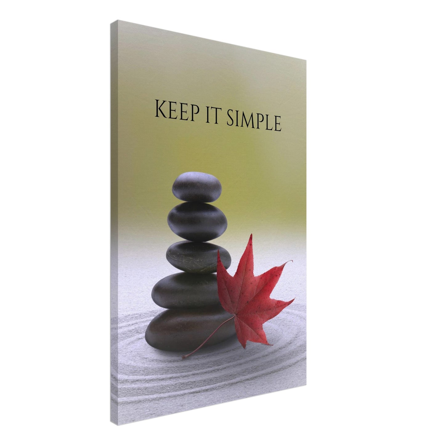 Canvas print with serenity theme: stacked rocks, maple leaf, and calming recovery message.