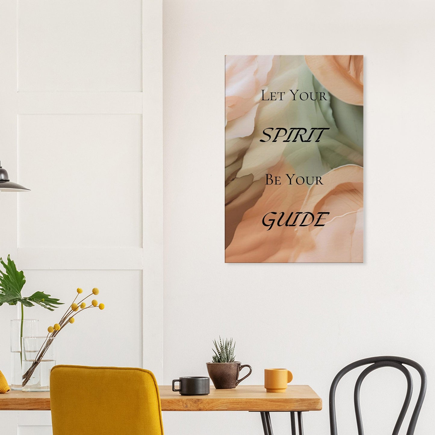 Wall art featuring sage, peach, and beige pastel background with spiritual message