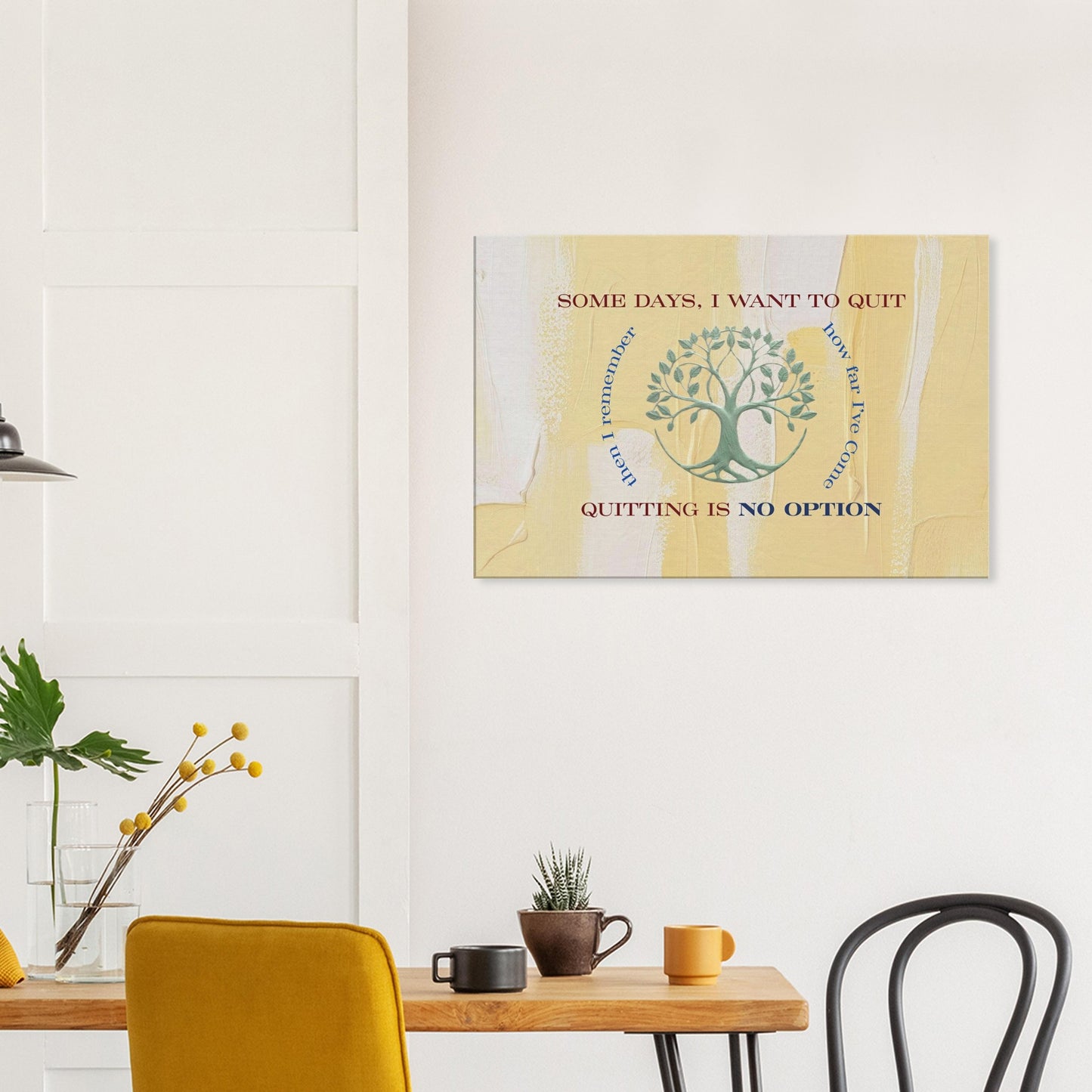 Canvas print featuring quote about perseverance with pastel tones and a sage green tree of life.