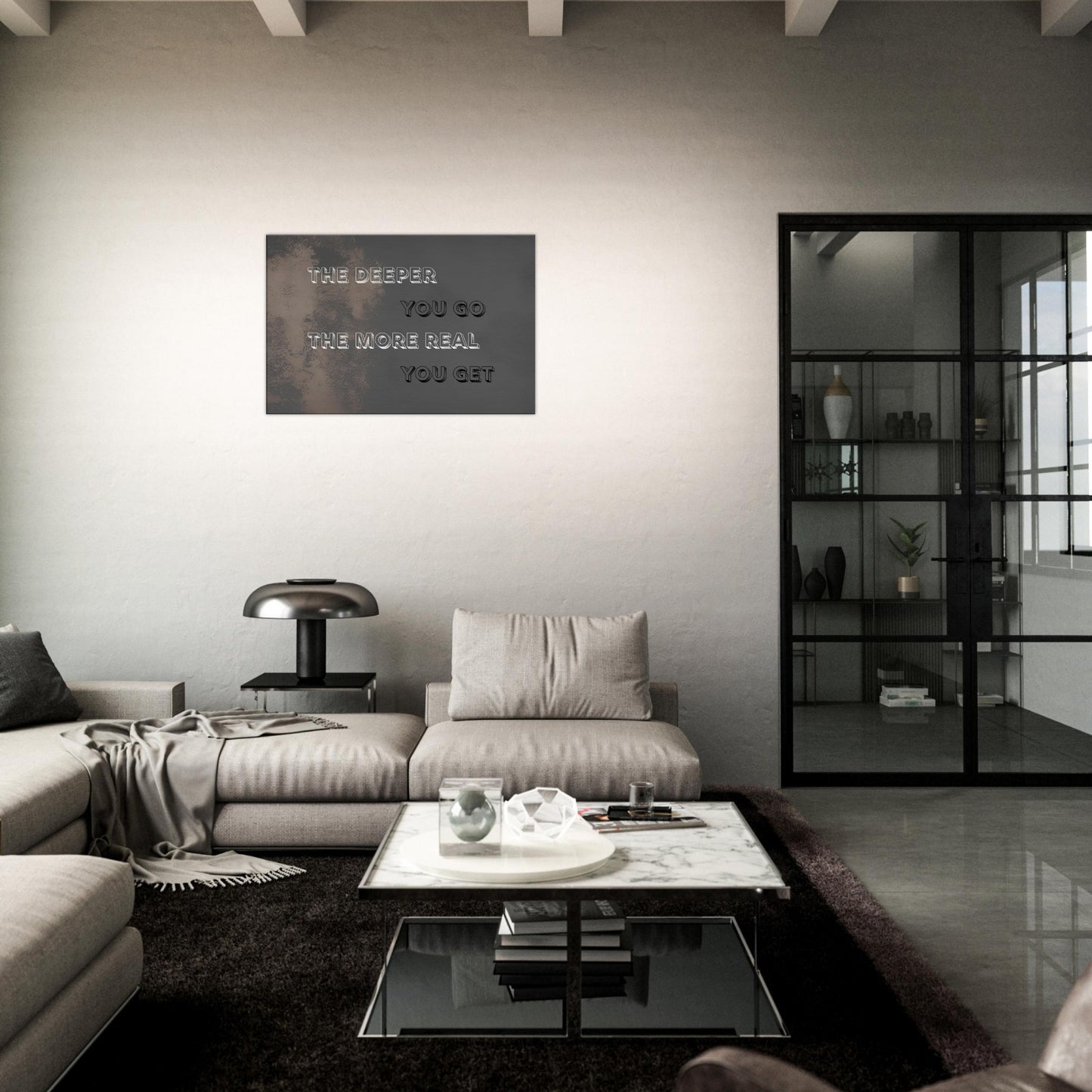Inspirational decor with dark textured backdrop and reflective spiritual quote