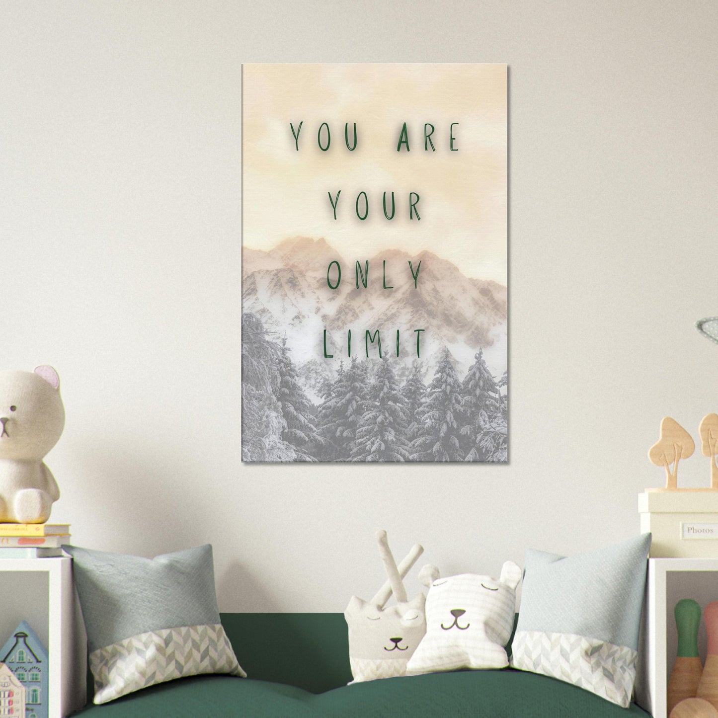 Canvas wall decor with empowering quote 'You Are Your Only Limit' on a beige sky and snowy mountain landscape scene.