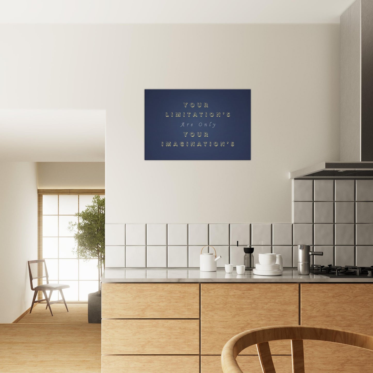 Bold motivational art print: your only limits are imagined. Navy canvas with warm yellow text for depth and clarity.
