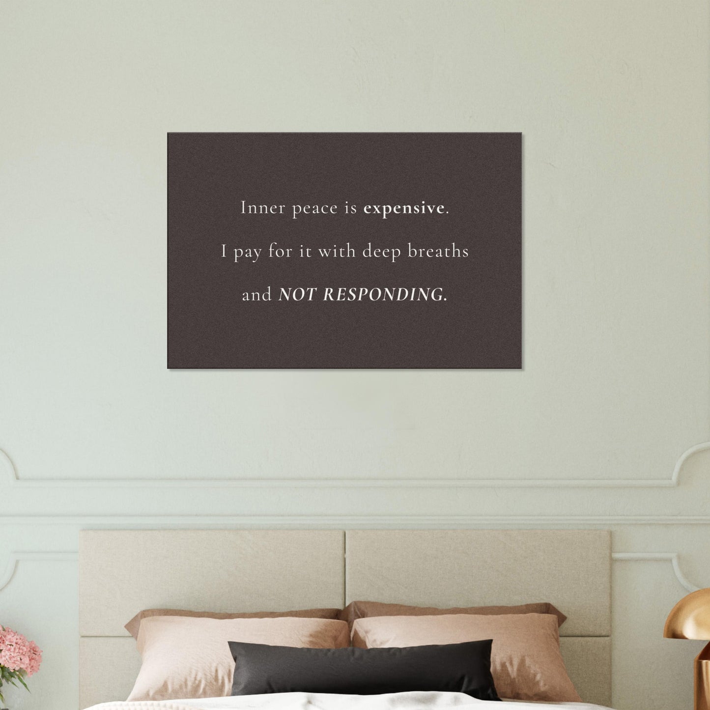 Minimalist spiritual print with a quote on emotional restraint and peace, white font on charcoal background