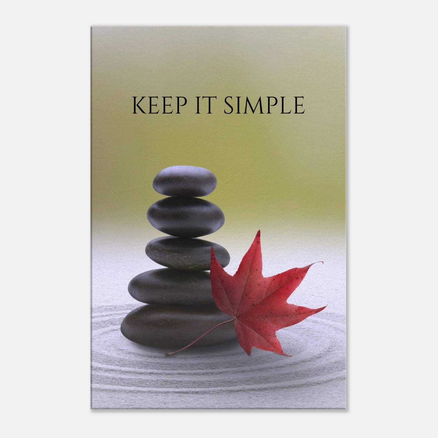 Olive green canvas wall art with "Keep It Simple" quote and stacked serenity rocks. Perfect for serenity rooms.