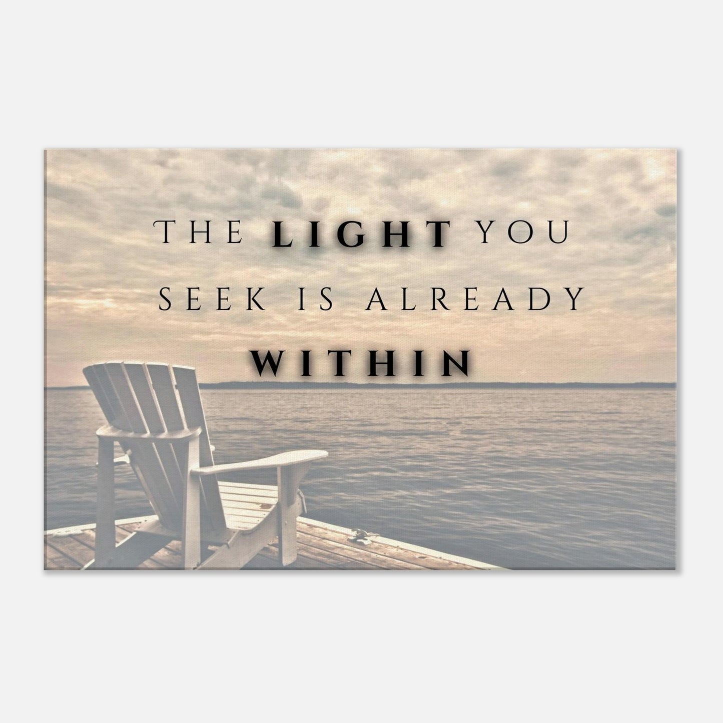 Spiritual canvas art with quote "The Light You Seek Is Already Within" and peaceful pier scene