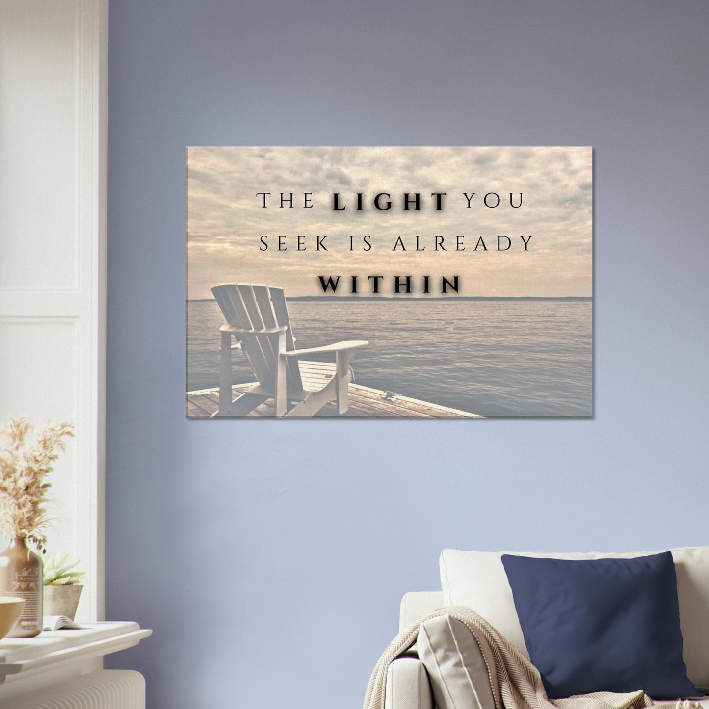 Reflective spiritual canvas with quiet waterside imagery and self-trust quote