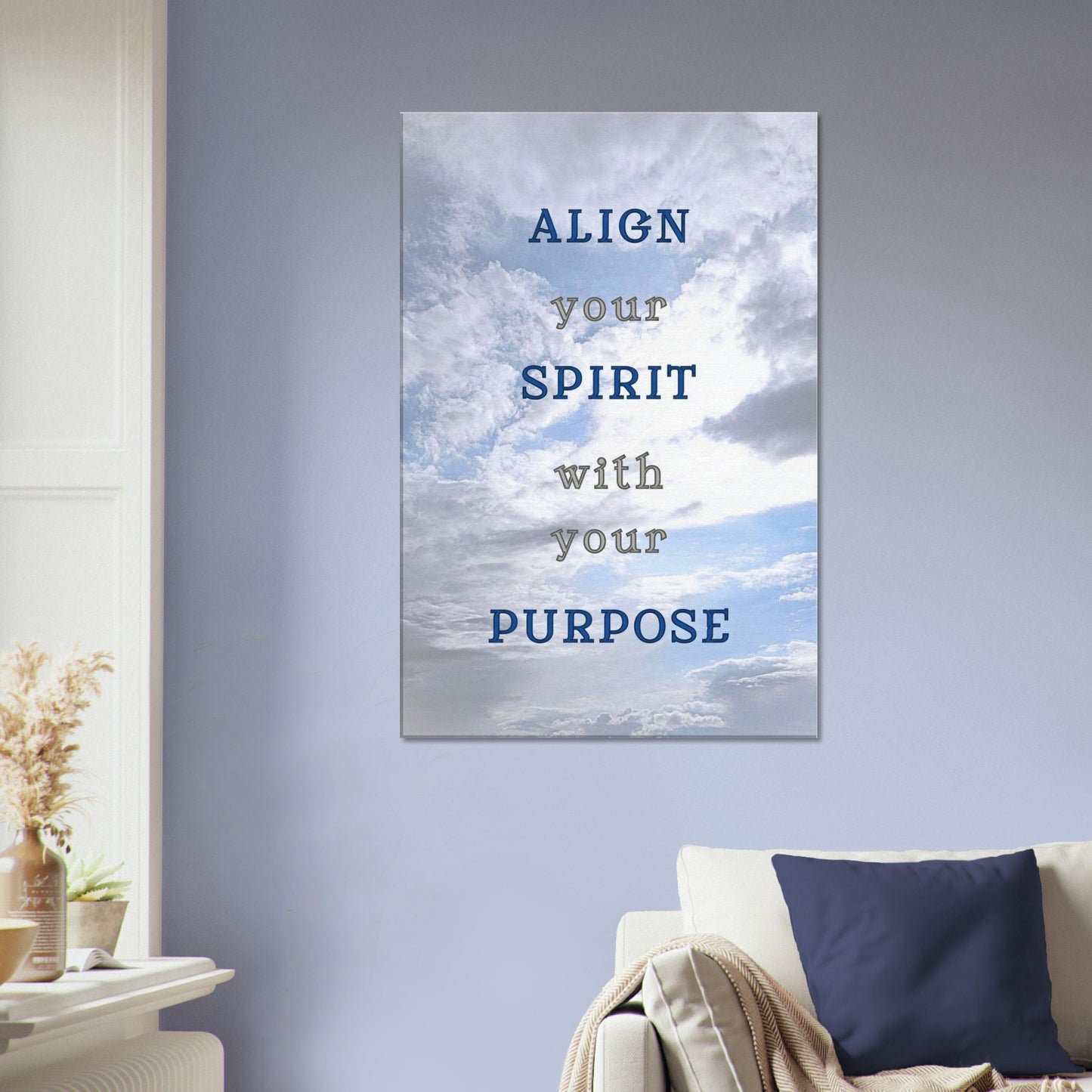 Peaceful canvas with quote about spiritual alignment and blue sky atmosphere