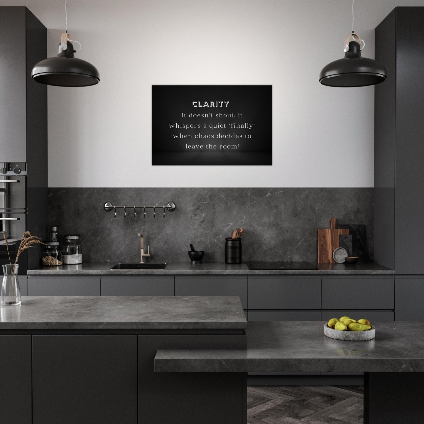 Minimalist inspirational wall art featuring emotional quote in white over black with subtle mist effect