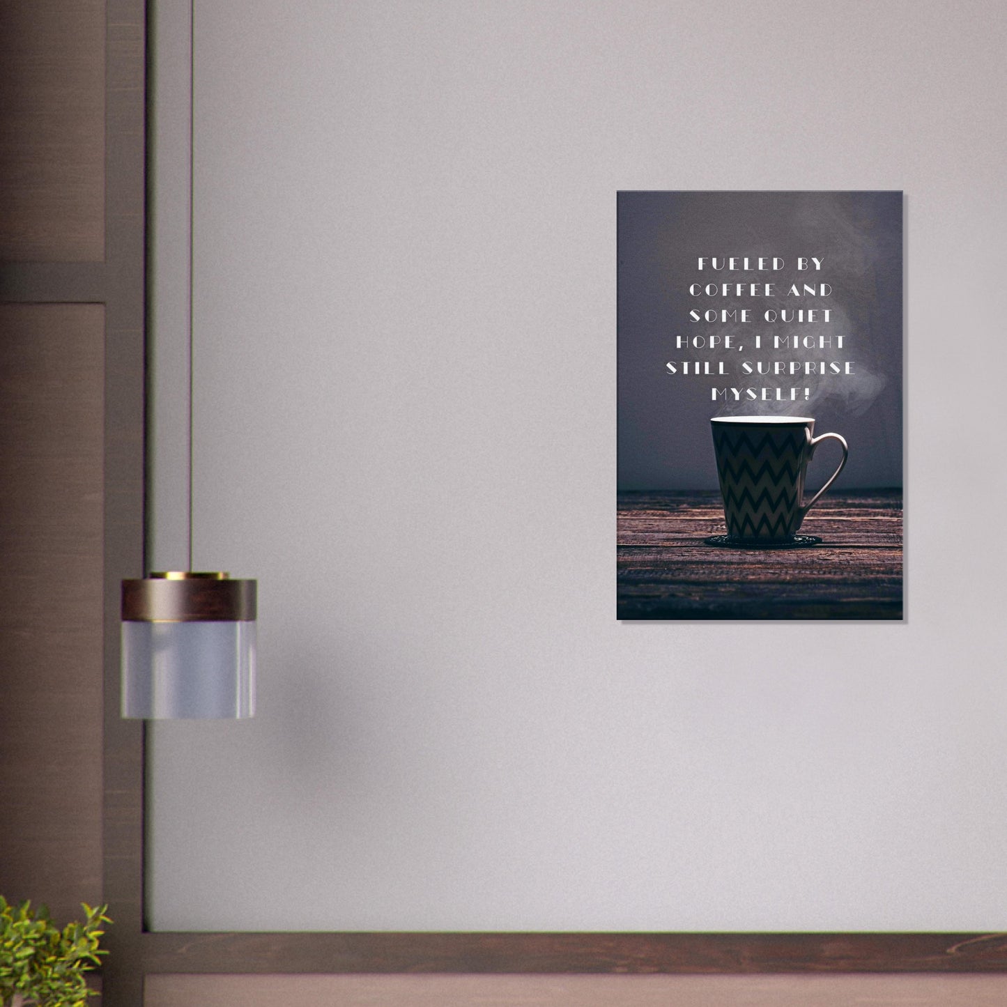 Black and brown canvas wall art with quote about quiet hope, coffee, and personal growth.