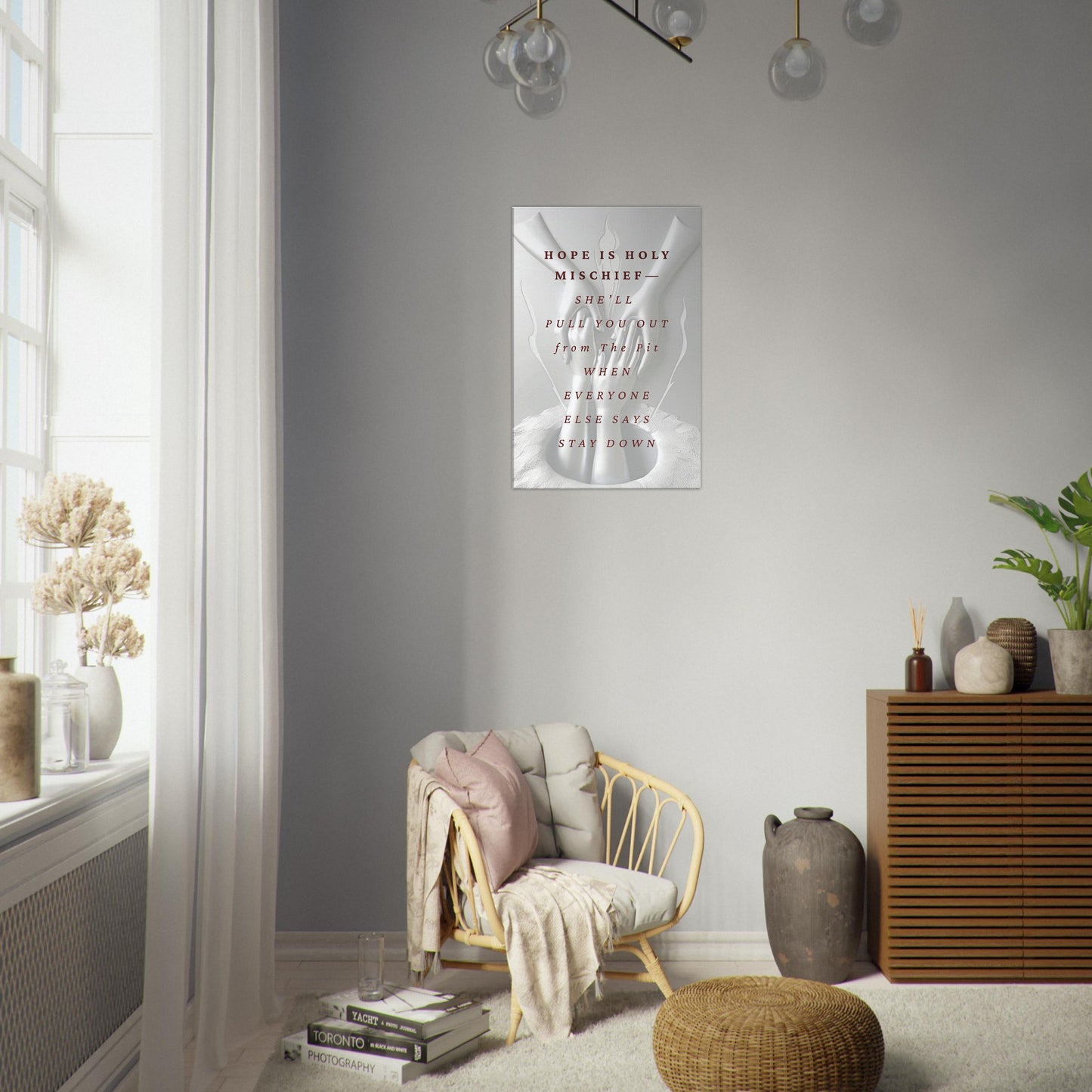 Inspirational wall art with helping hands and light metallic backdrop
