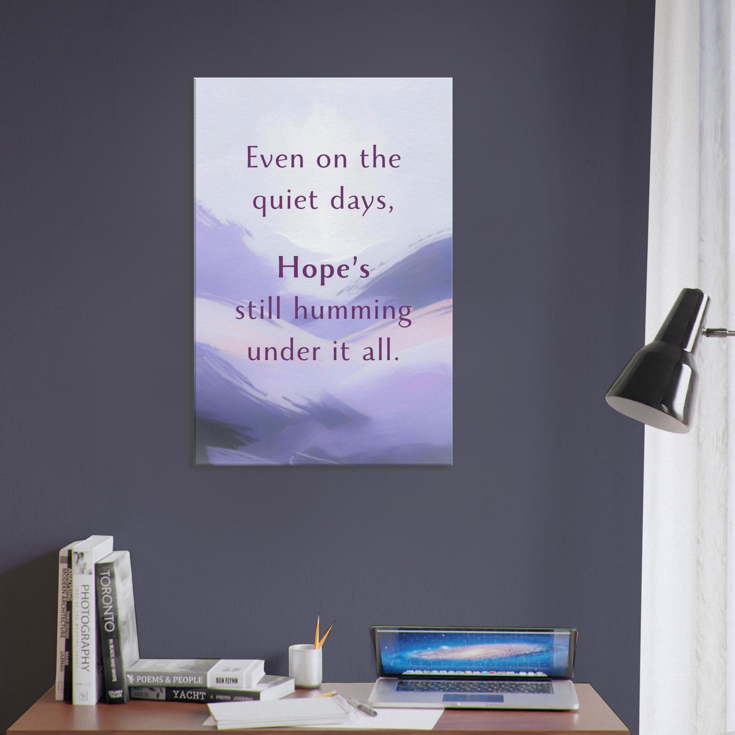 Inspirational vertical canvas print with calming tones and hopeful message about quiet strength and inner peace