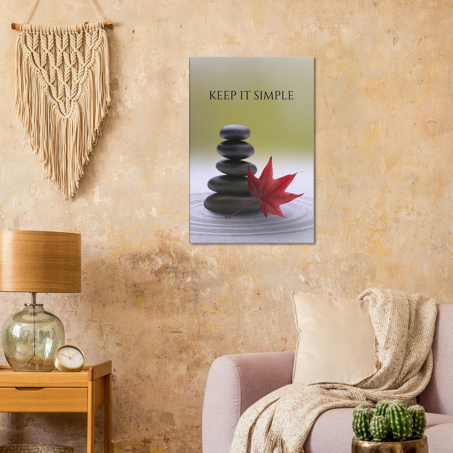 Motivational recovery art featuring red maple leaf and stones on peaceful green background.