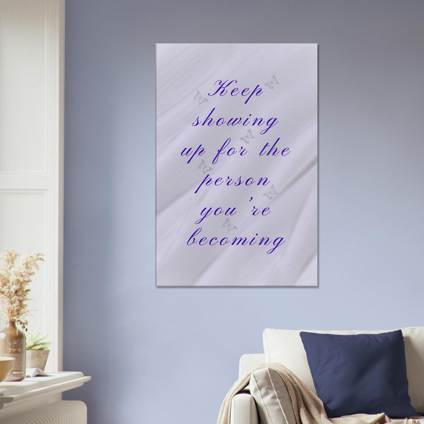 Soft purple canvas print with subtle butterfly design and uplifting quote for personal growth.