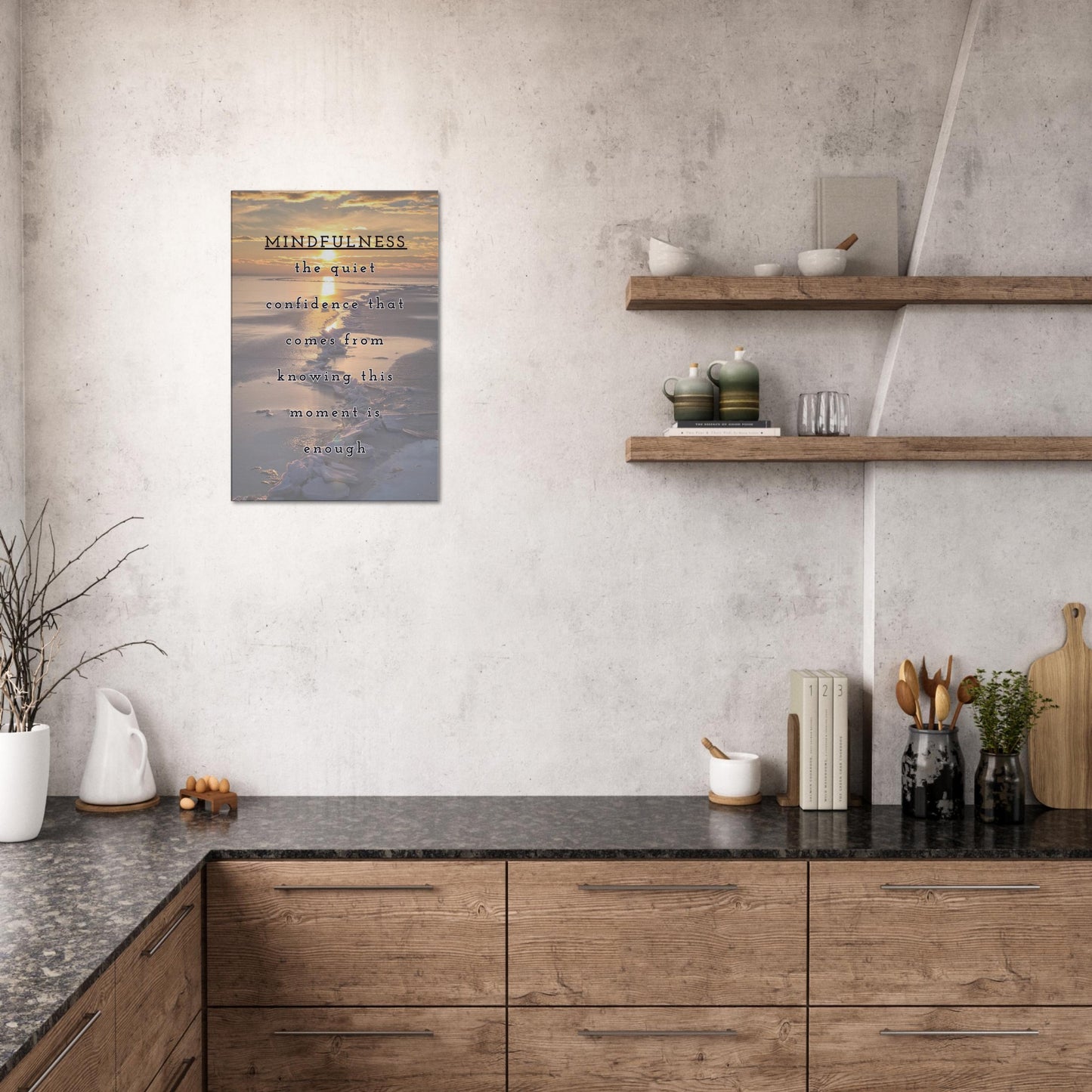 awoken sunset over a sandy beach with a quote of Mindfulness and confidence. Designed to enhance any inspirational decor.