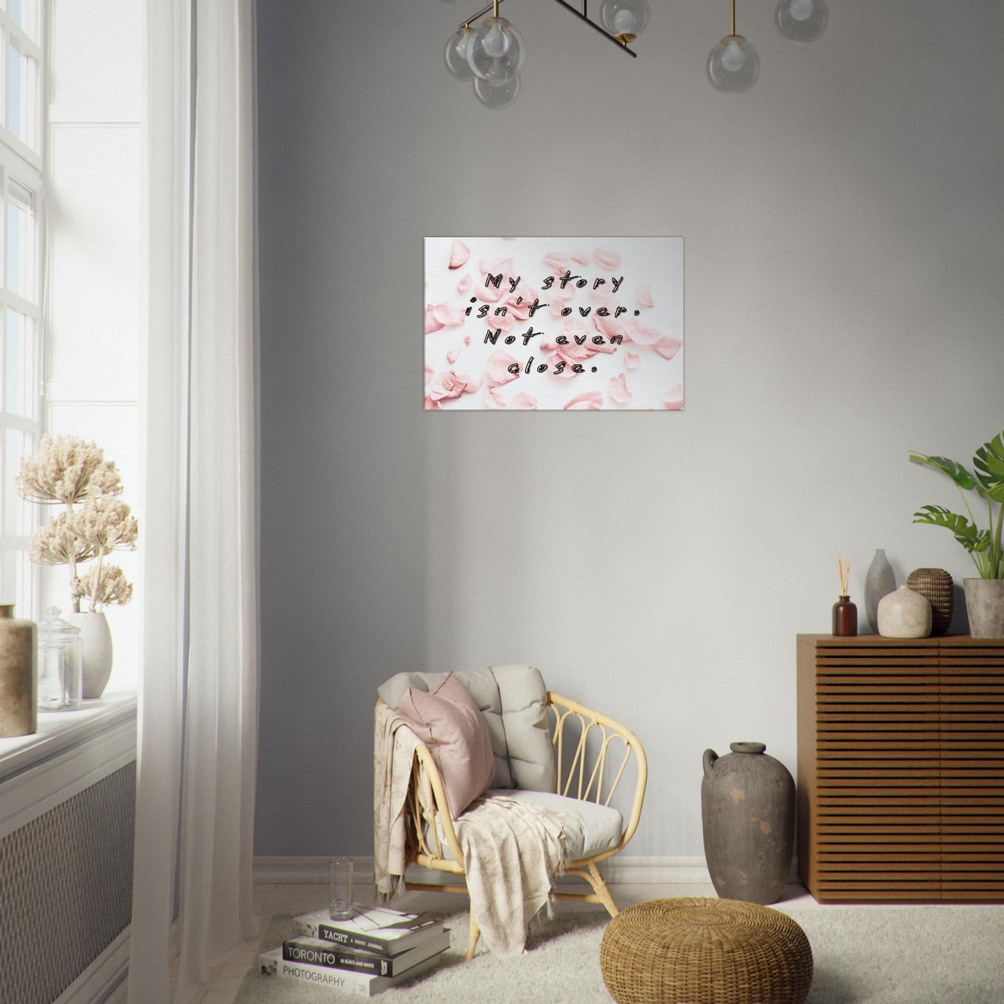 Inspirational quote wall art on pink with rose petals—powerful reminder that your journey is still unfolding.