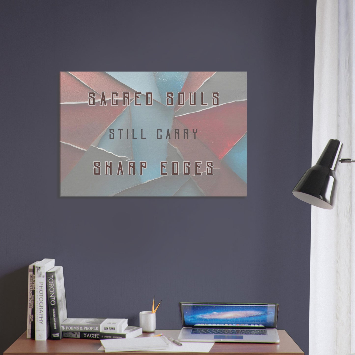 Broken glass-themed canvas with spiritual quote in burgundy and black text