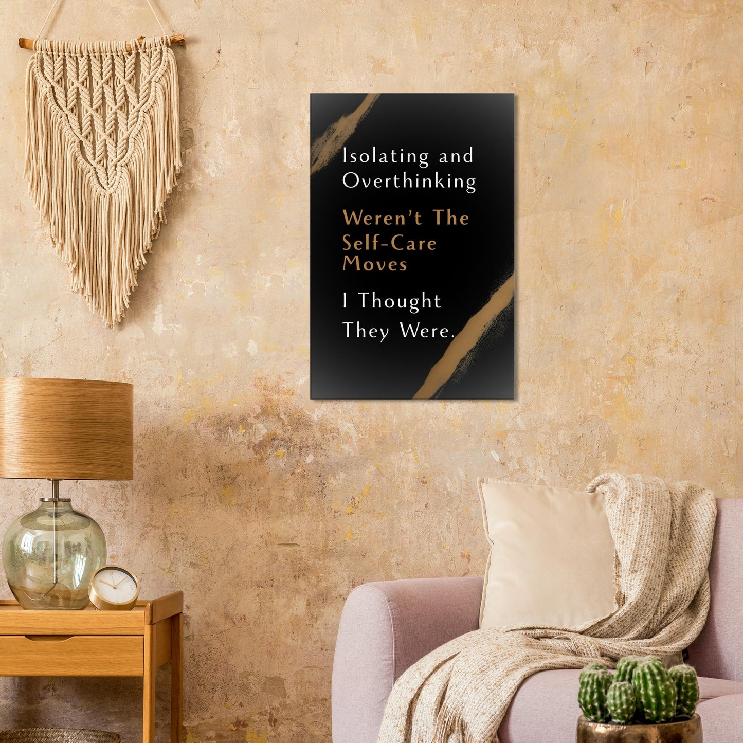 Vertical inspirational canvas with humorous quote in bold text on bronze-toned abstract background