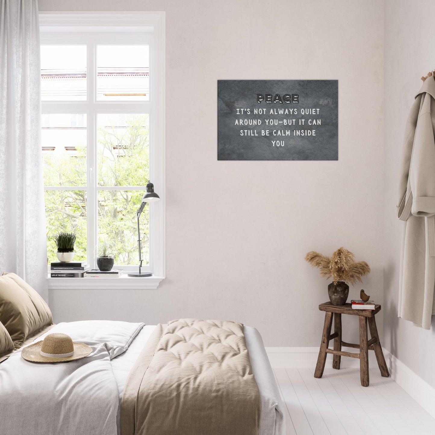 Subtle charcoal background with a quote of Peace and the Calm Inside. invokes internal resolve for any home decor.