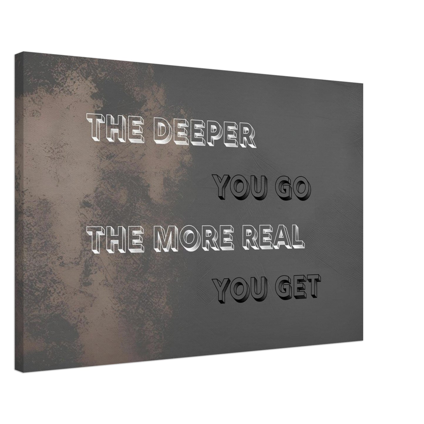 Grunge-style wall art with bold text and message about depth and self-discovery