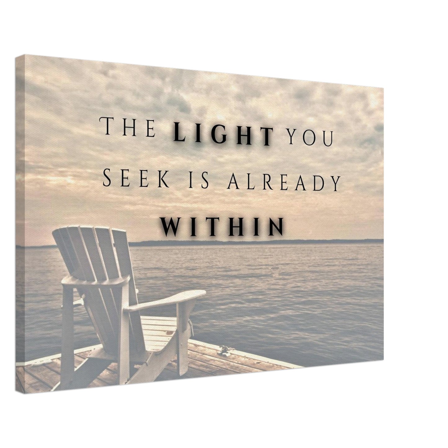 Calming decor with pier, still water, and message of inner light