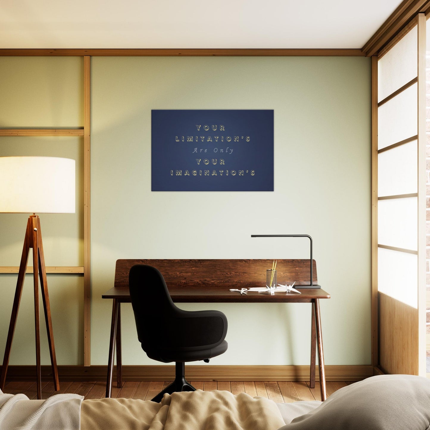 Inspirational wall art reminding you that limits are imagined. Navy background with soft yellow text adds visual impact.