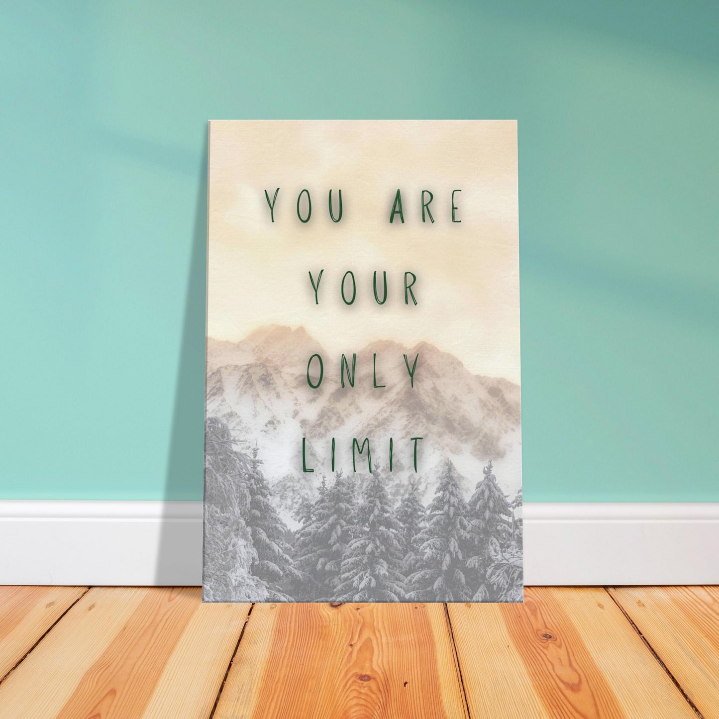 Inspirational canvas print with snow-covered trees and mountain scene 'You Are Your Only Limit' quote for daily drive.