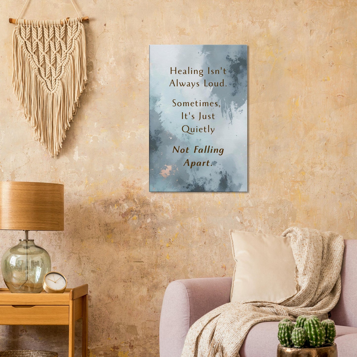 Healing quote sobriety canvas print, perfect for bedrooms or meditation spaces, with calm brushstroke design in earthy hues