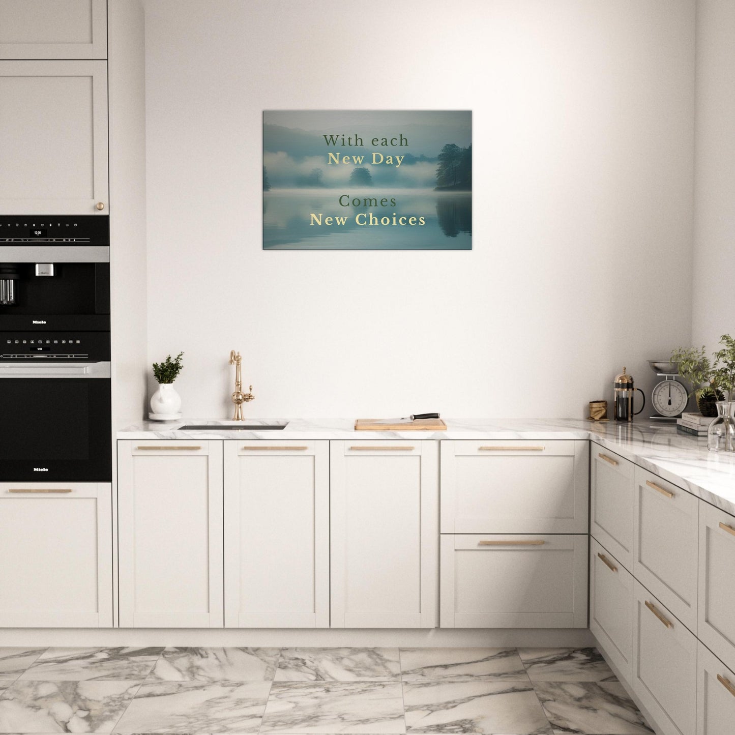 Misty forest lake at sunrise with inspirational recovery quote on canvas wall art, perfect for healing or reflection spaces