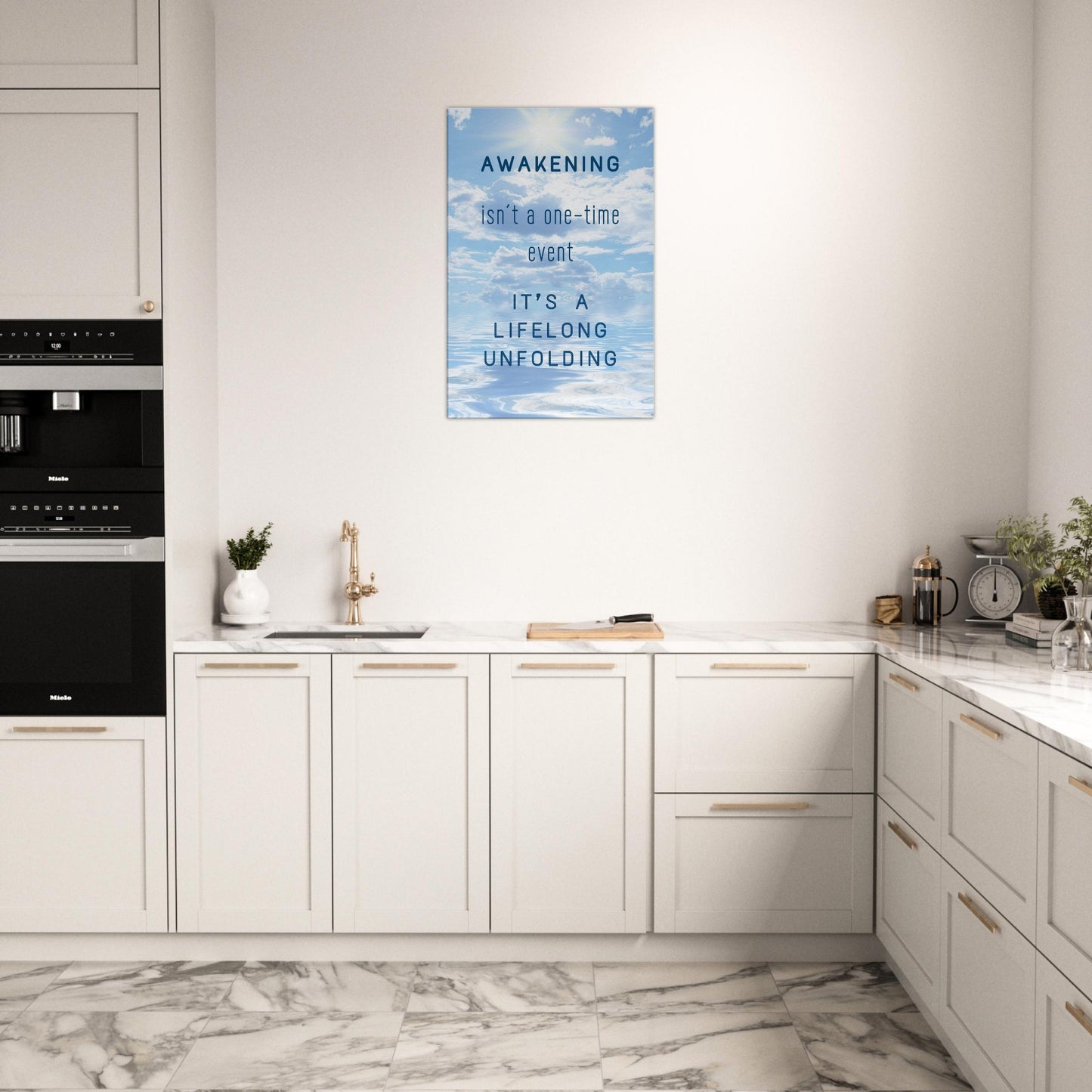 Sobriety inspired quote canvas wall art about lifelong unfolding with blue sky and sun imagery