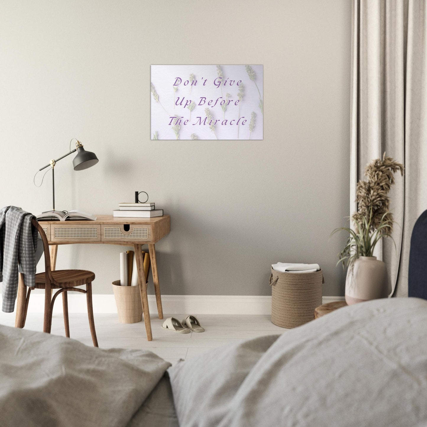 Canvas art featuring uplifting addiction recovery quote and botanical lavender theme