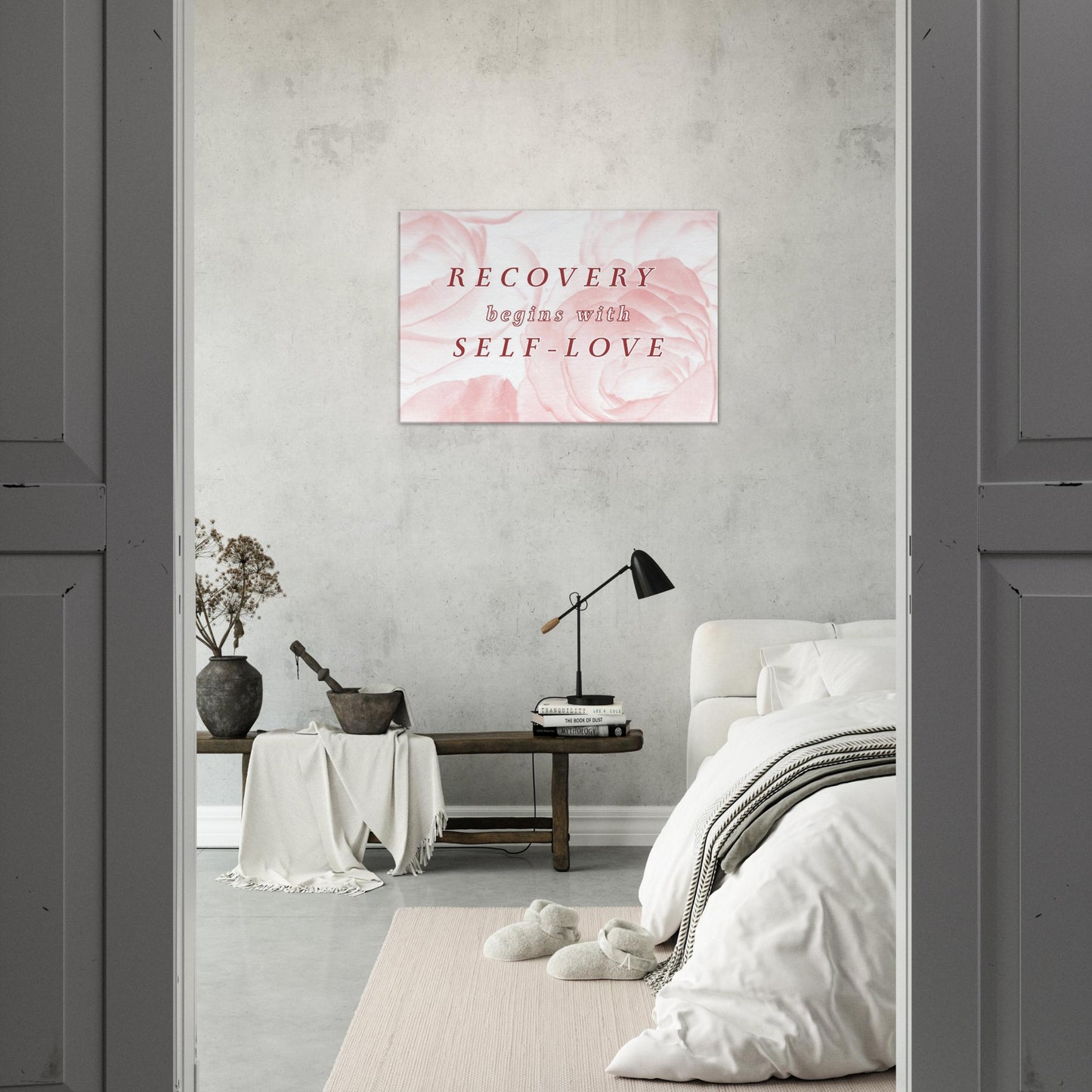 Gentle canvas art for addiction recovery featuring self-love quote and romantic floral background
