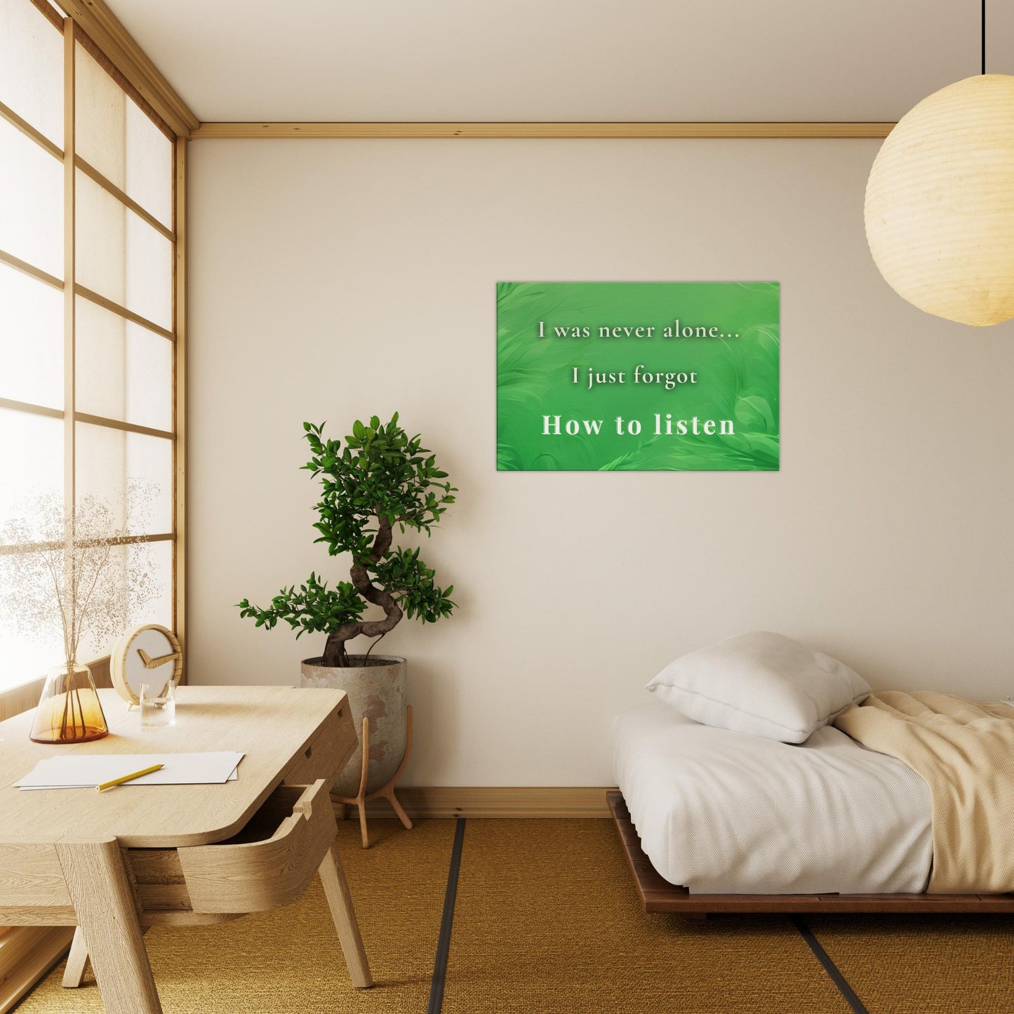 Sobriety wall art for recovery and mindfulness with leafy background and quote about listening to inner guidance